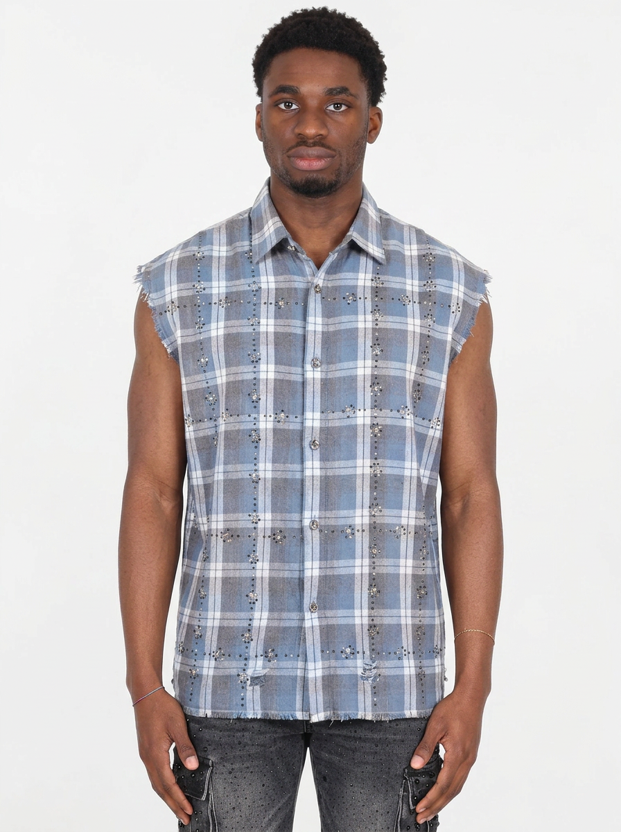 PAPER MONEY -CAMICIA SLEEVELESS RHINESTONE FLANNEL AZZURRO