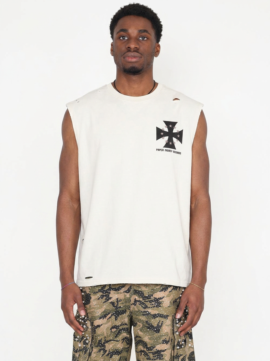 PAPER MONEY - T SHIRT SLEEVELESS MOTOR CUTOFF BIANCO