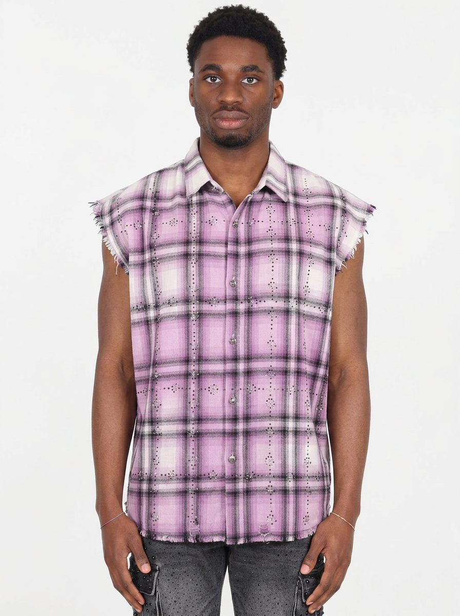 PAPER MONEY -CAMICIA SLEEVELESS RHINESTONE FLANNEL VIOLA